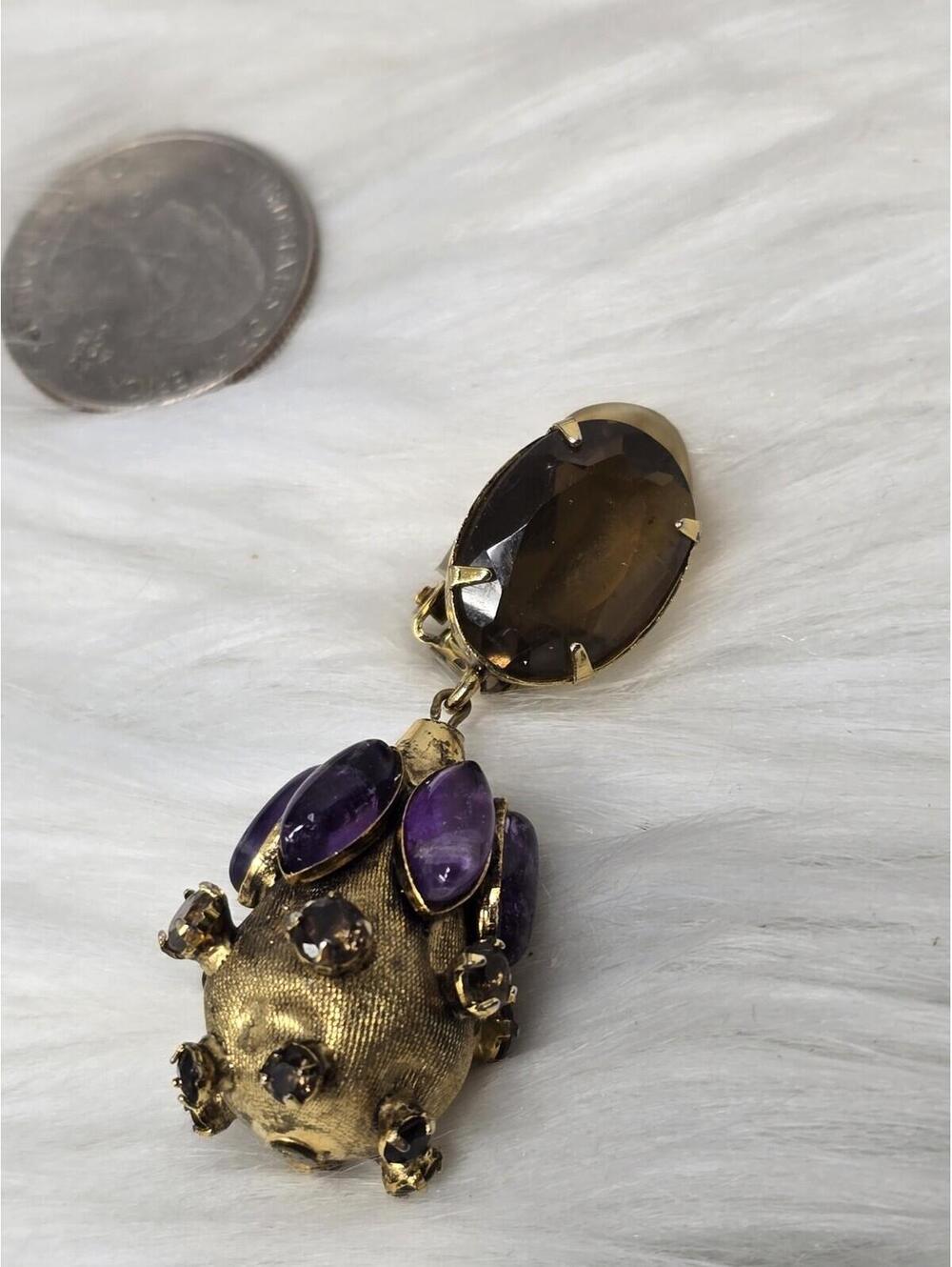 Vintage Amethyst Cabochon Dangle Drop Clip Earrings Estate - Picture 6 of 9
